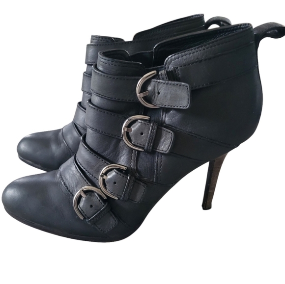 Coach Tessie Black Leather Ankle Moto High Heel Buckle Boots Booties Siz… - Picture 1 of 16
